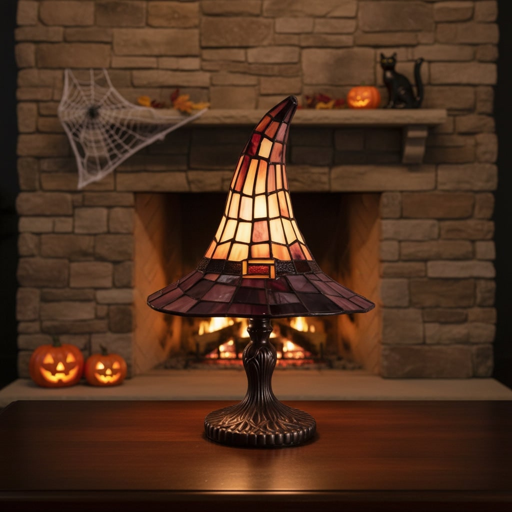Stained Glass Witch Hat Table Lamp with Bronze Base and Amber Purple Shade - Image 6