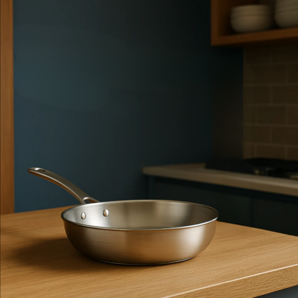 Stainless Steel Frying Pan with Hammered Interior and Riveted Handle - Image 1