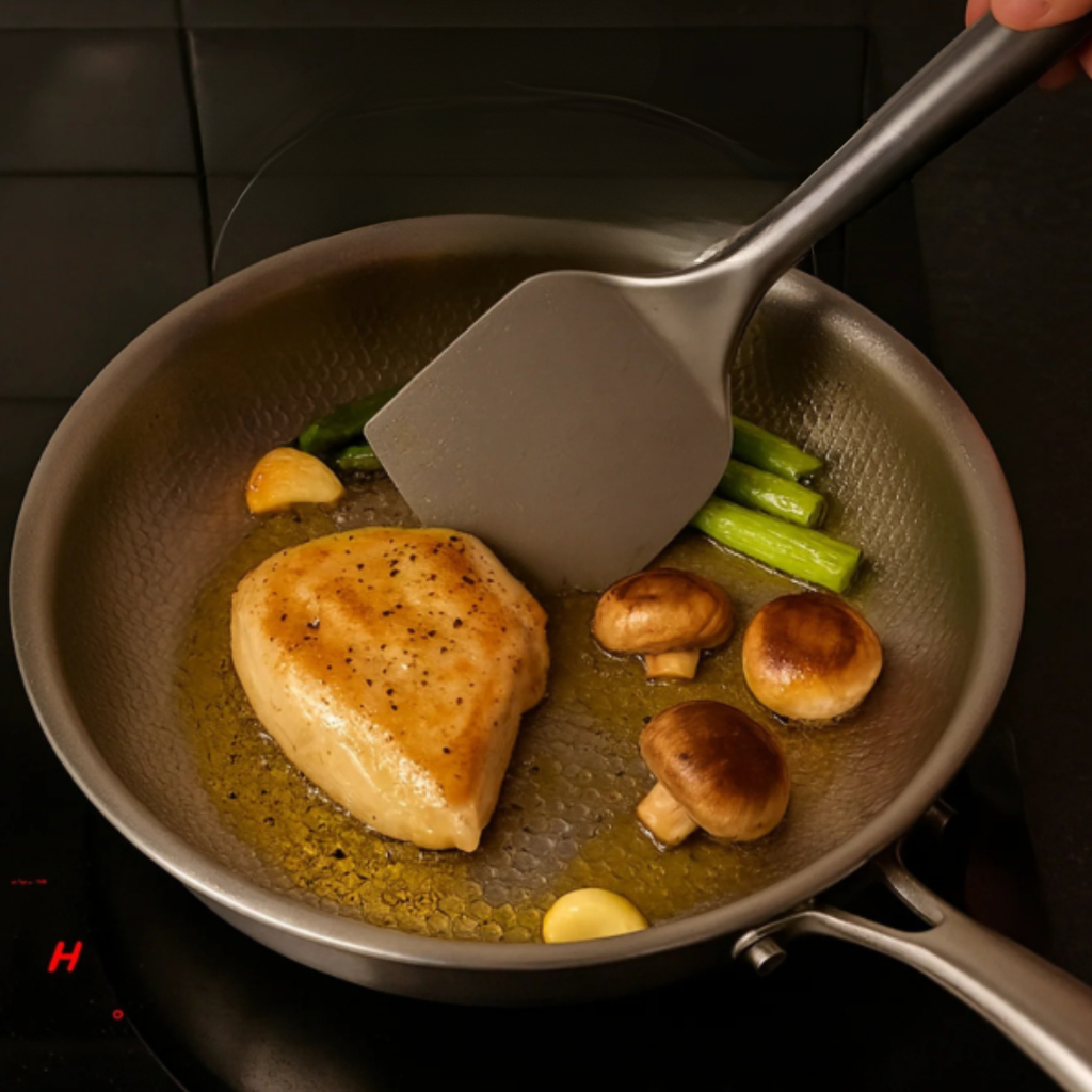 Stainless Steel Frying Pan with Hammered Interior and Riveted Handle - Image 4