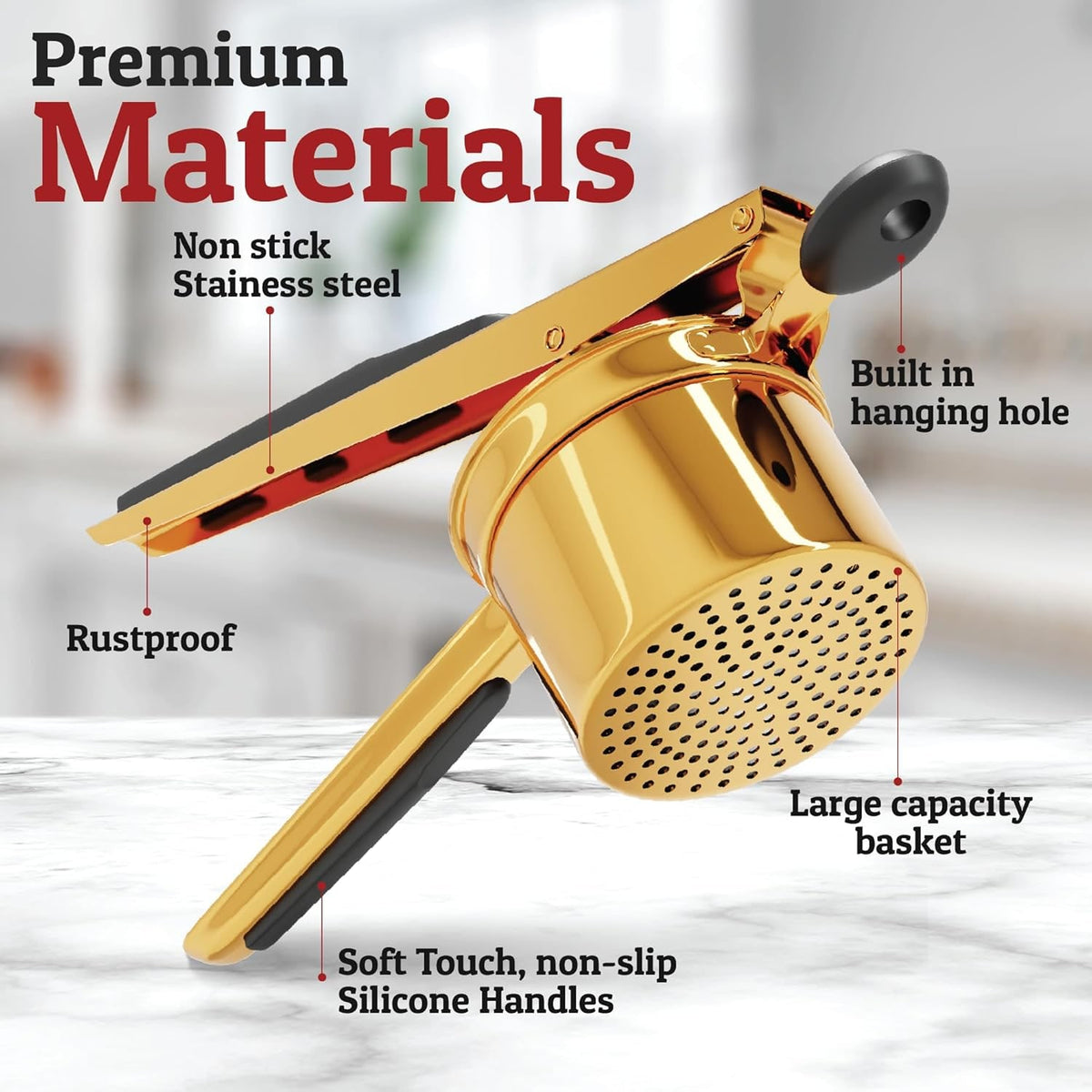 Stainless Steel Potato Ricer with Interchangeable Disks and Non-Slip Handles - Image 5