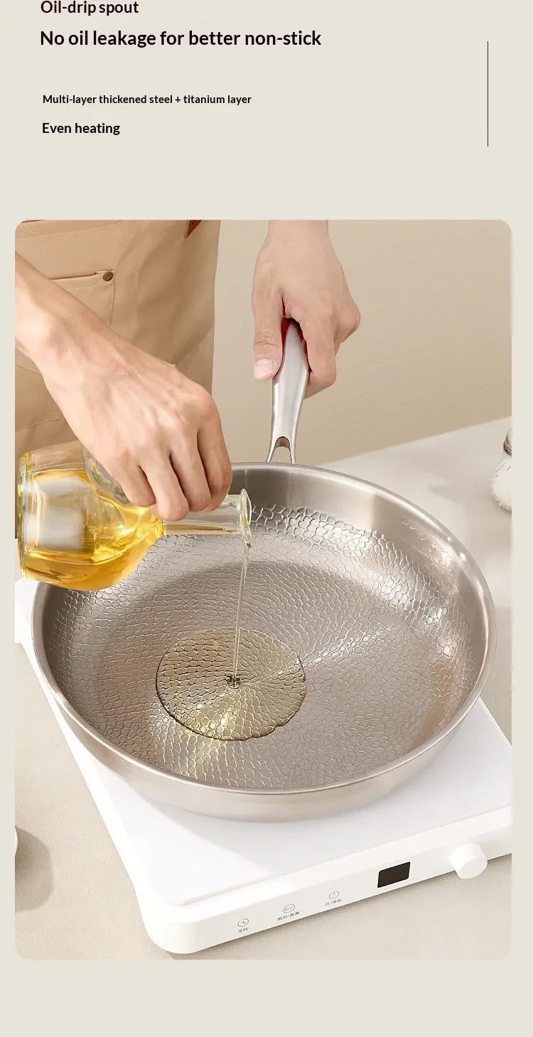 Stainless Steel Titanium Frying Pan with Hammered Interior and Glass Lid for Induction Cooktops - Image 2