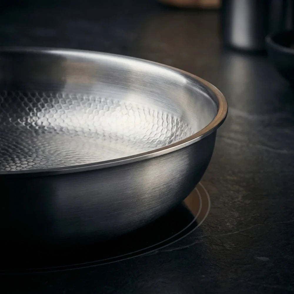 Stainless Steel Titanium Frying Pan with Hammered Interior and Glass Lid for Induction Cooktops - Image 4