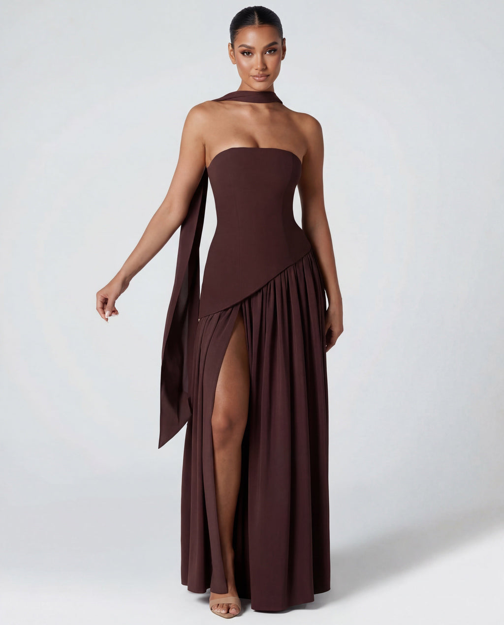 Vestido largo de fiesta sin tirantes con corsé para mujer