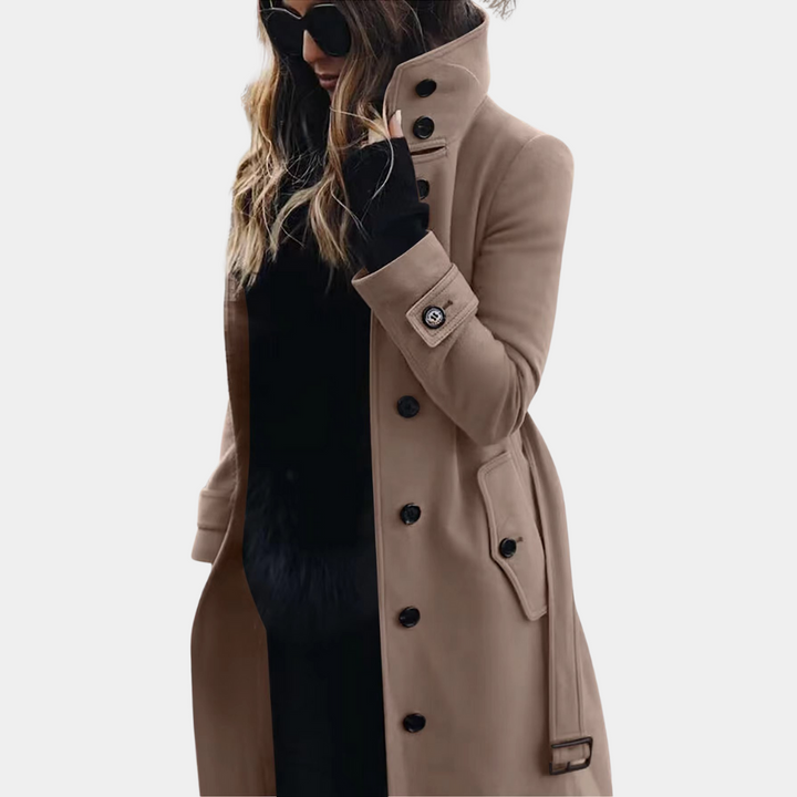 Women's Long Trench Coat with Waist Belt