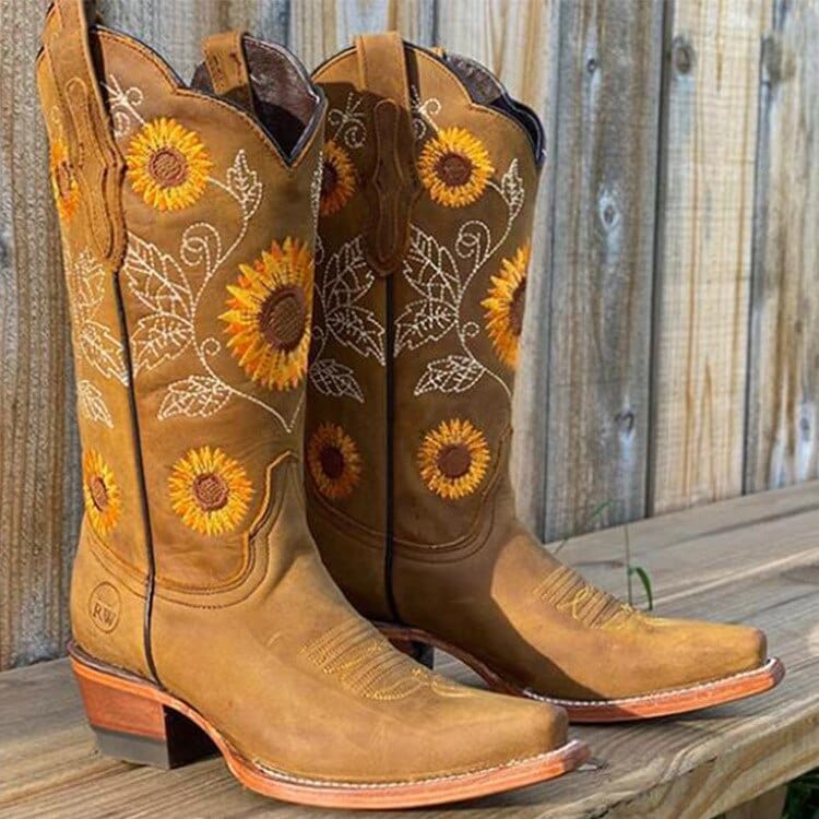 Bottes de cowboy brodées pour femme, mollet large