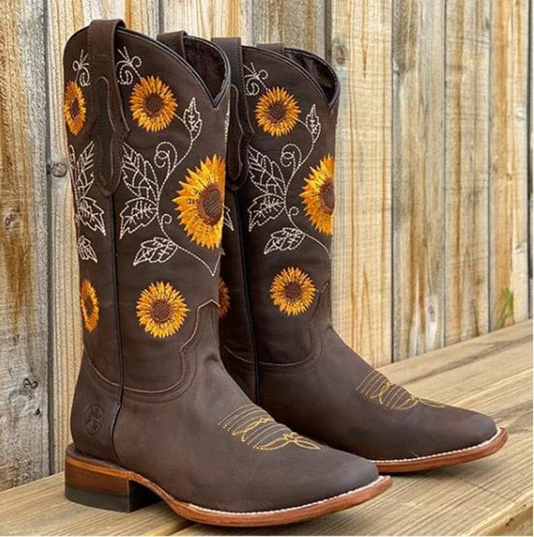 Bottes de cowboy brodées pour femme, mollet large