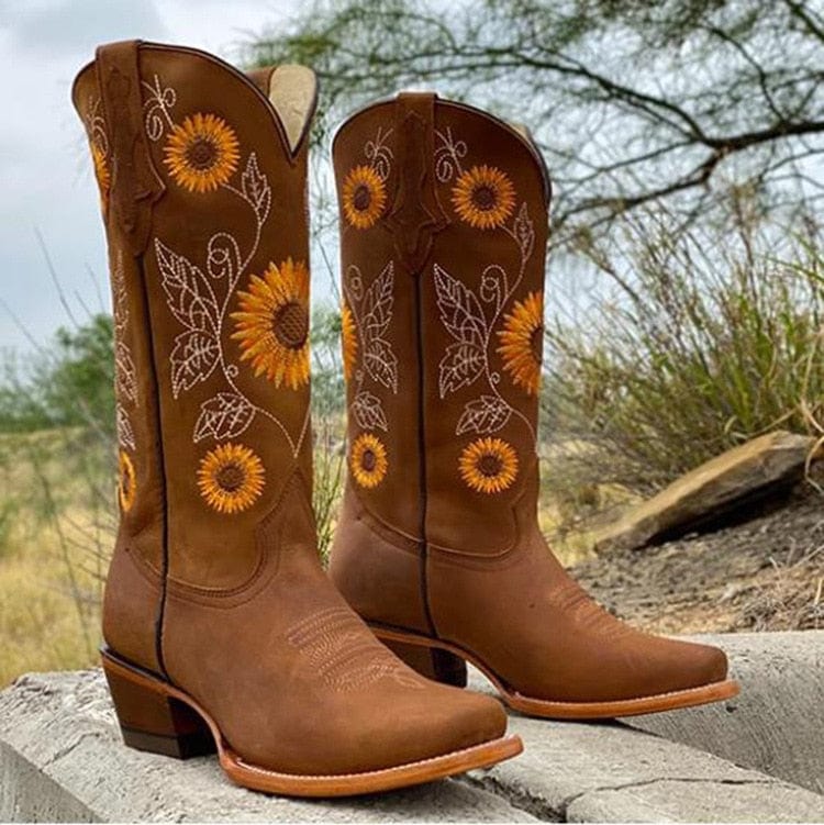 Bottes de cowboy brodées pour femme, mollet large