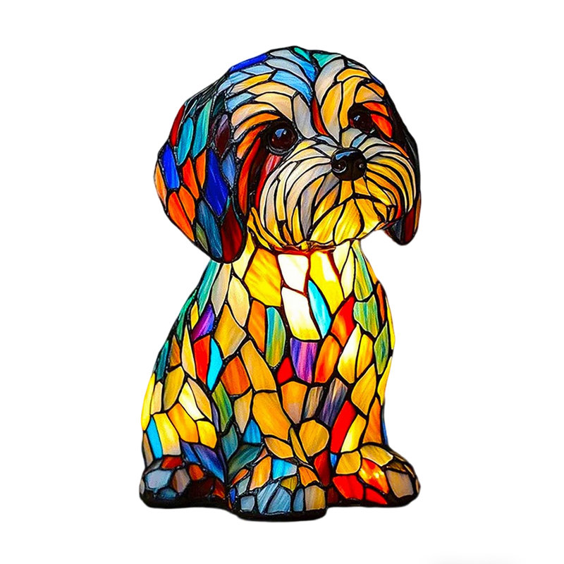 Table Lamp Dog Stained Glass Mosaic with LED Light and Textured Resin Design - Image 1