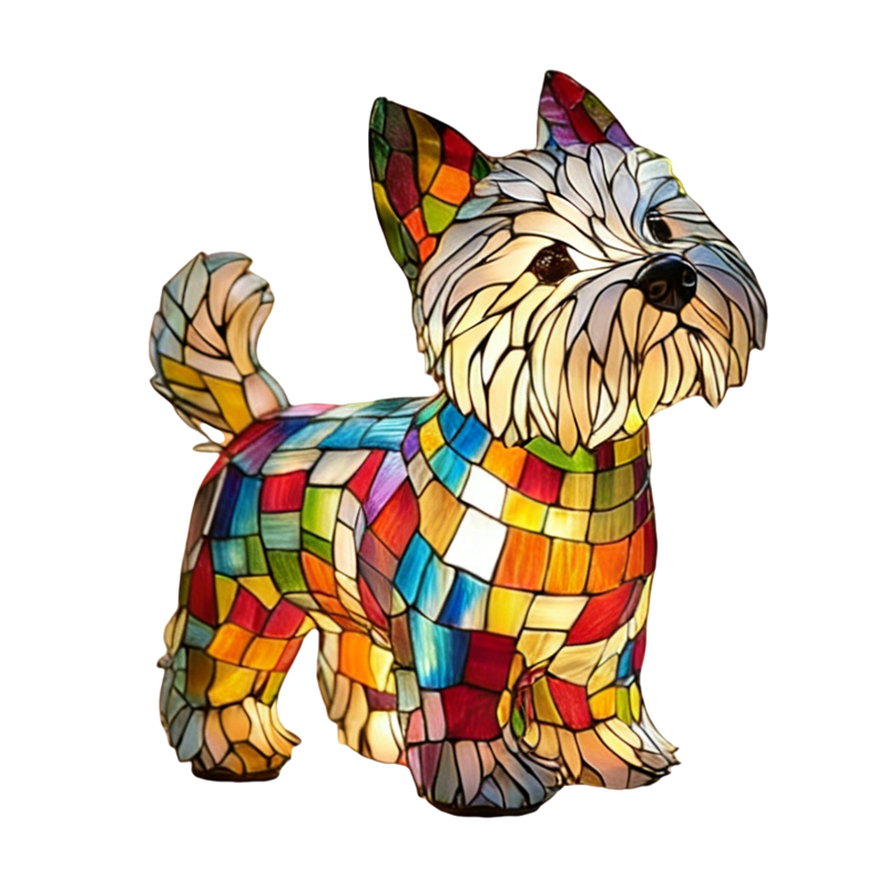 Table Lamp Dog Stained Glass Mosaic with LED Light and Textured Resin Design - Image 2