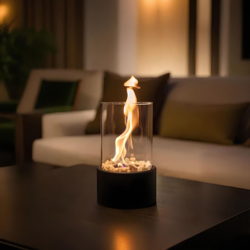 Tabletop Fire Pit with Glass Cylinder Smokeless Portable Bioethanol Burner and Decorative Stones - Image 1