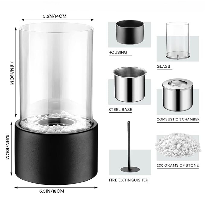 Tabletop Fire Pit with Glass Cylinder Smokeless Portable Bioethanol Burner and Decorative Stones - Image 13