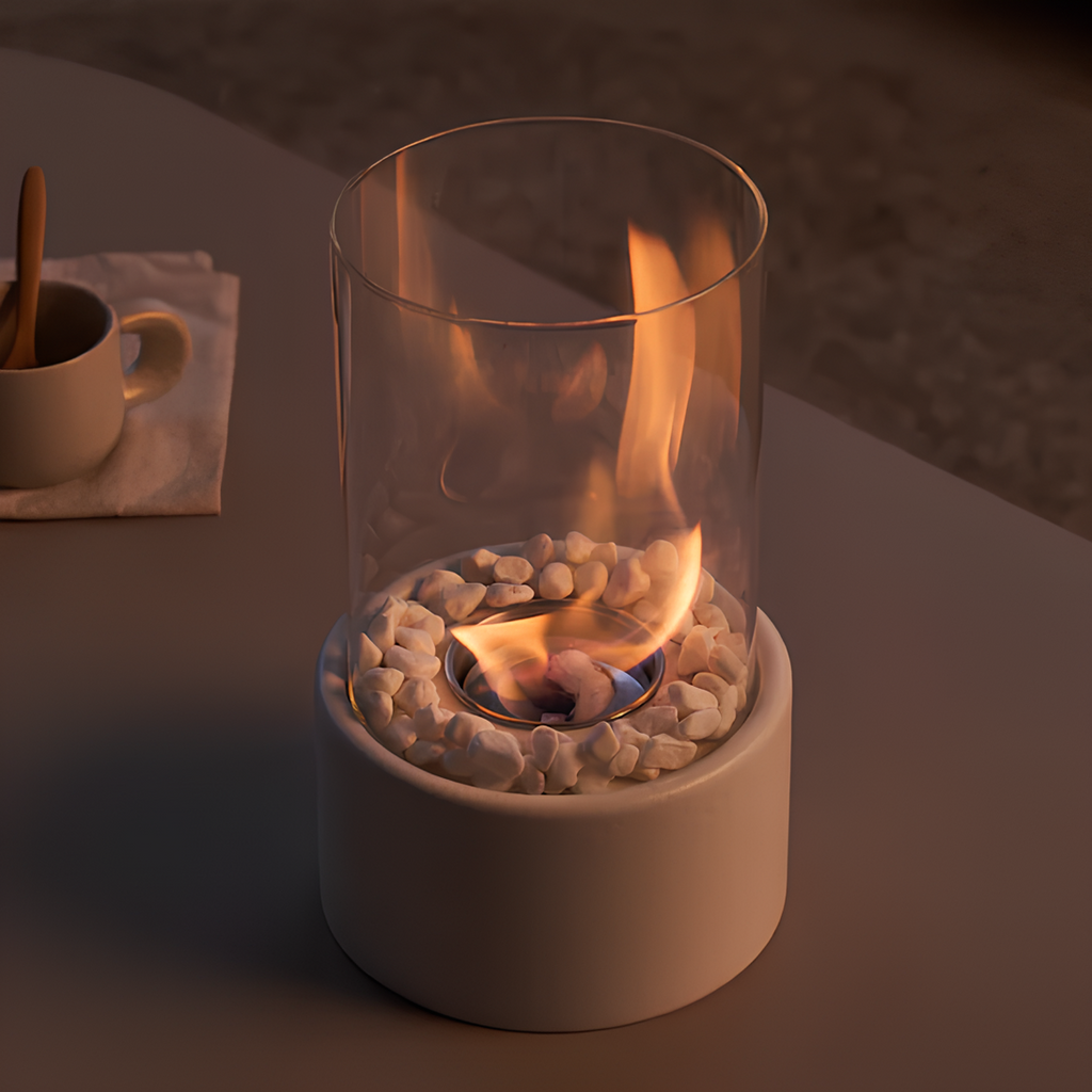 Tabletop Fire Pit with Glass Cylinder Smokeless Portable Bioethanol Burner and Decorative Stones - Image 2