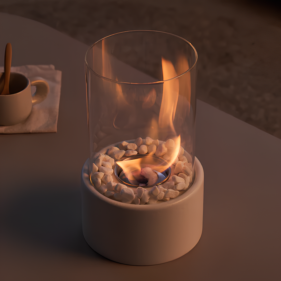 Tabletop Fire Pit with Glass Cylinder Smokeless Portable Bioethanol Burner and Decorative Stones - Image 2