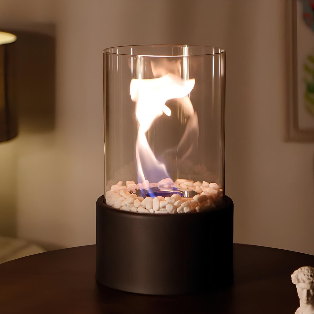 Tabletop Fire Pit with Glass Cylinder Smokeless Portable Bioethanol Burner and Decorative Stones - Image 3