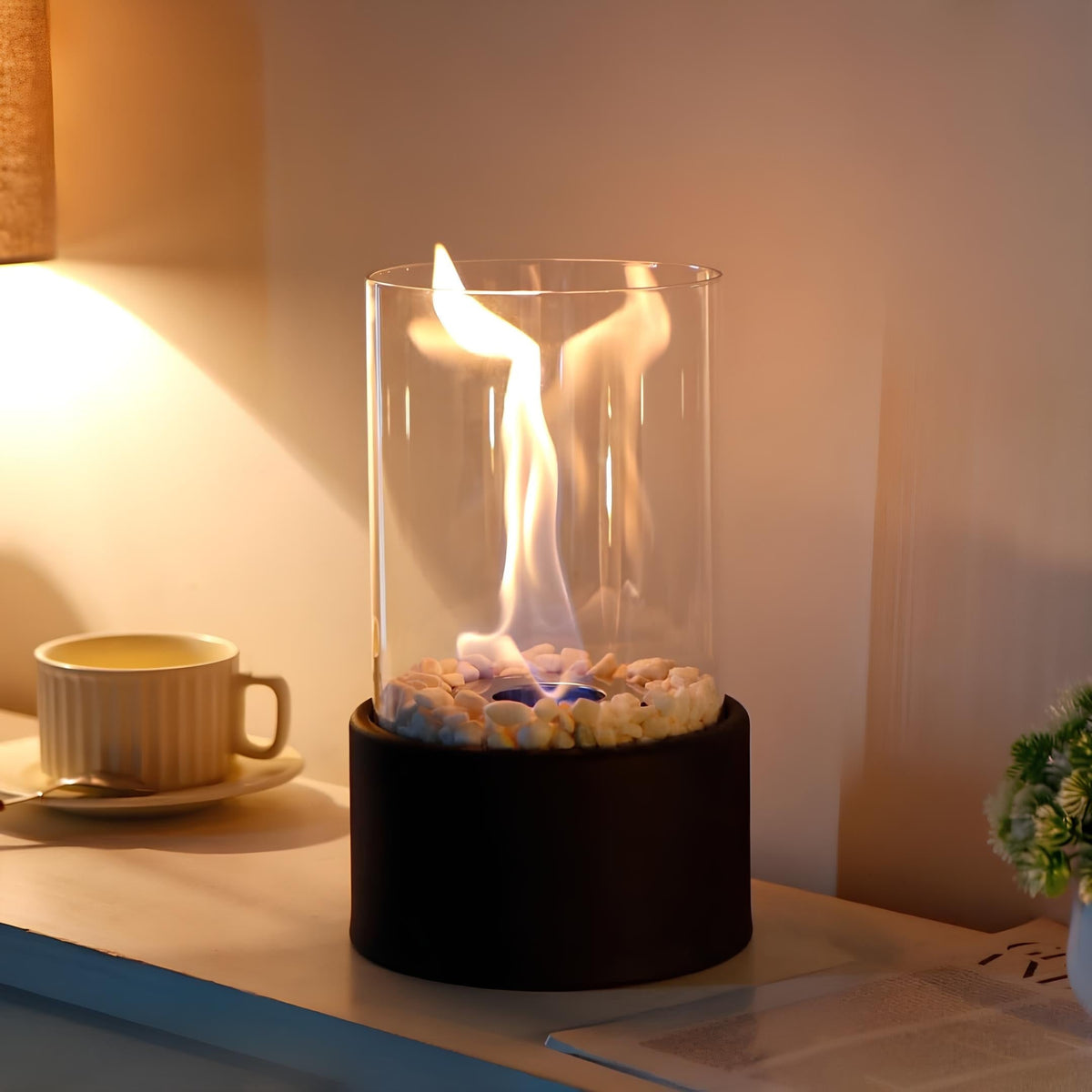 Tabletop Fire Pit with Glass Cylinder Smokeless Portable Bioethanol Burner and Decorative Stones - Image 4