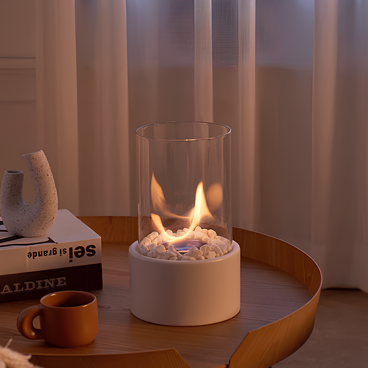 Tabletop Fire Pit with Glass Cylinder Smokeless Portable Bioethanol Burner and Decorative Stones - Image 7