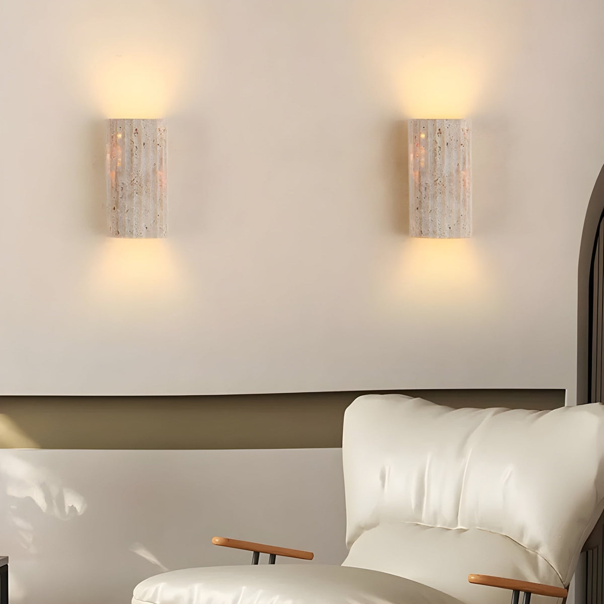 Travertine Wall Sconce with Fluted Stone Texture and Warm LED Up Down Lighting - Image 1