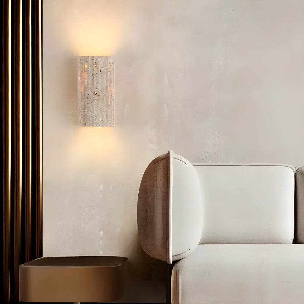 Travertine Wall Sconce with Fluted Stone Texture and Warm LED Up Down Lighting - Image 4