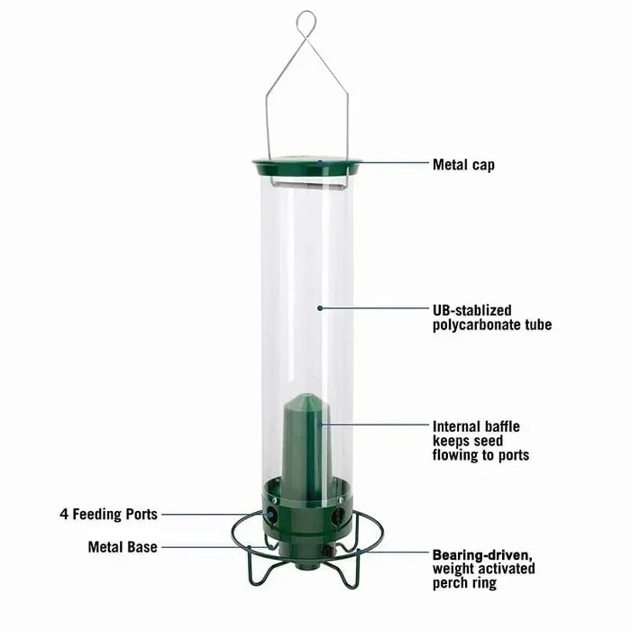 Tube Bird Feeder with Weight Activated Spinning Perch and Squirrel Proof Guard - Image 7