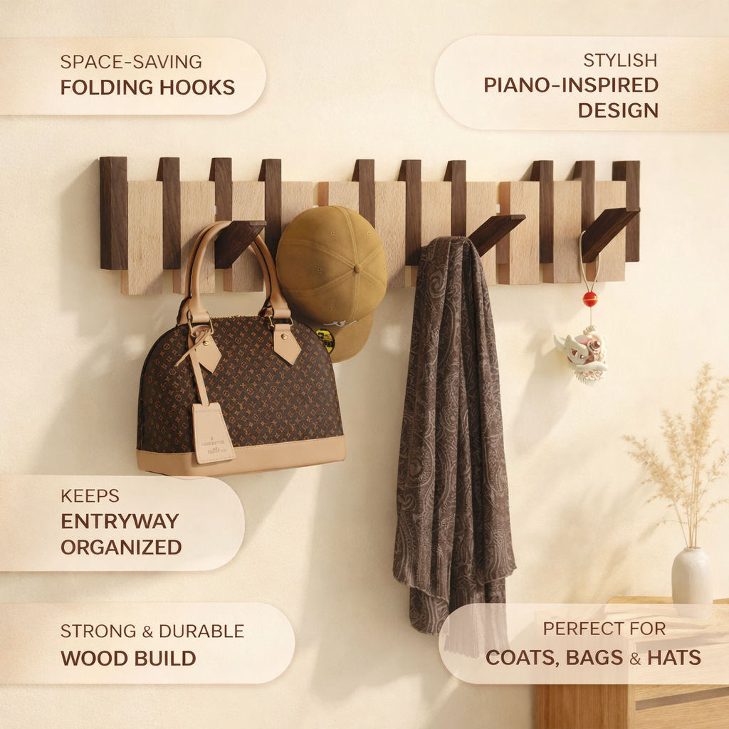 Wall Coat Rack with Foldable Hooks and Retractable Piano Key Design - Image 5