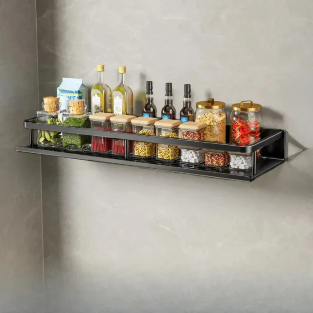 Wall-Mounted Kitchen Spice Rack Organizer with Towel Bar and Safety Guardrail - Image 1