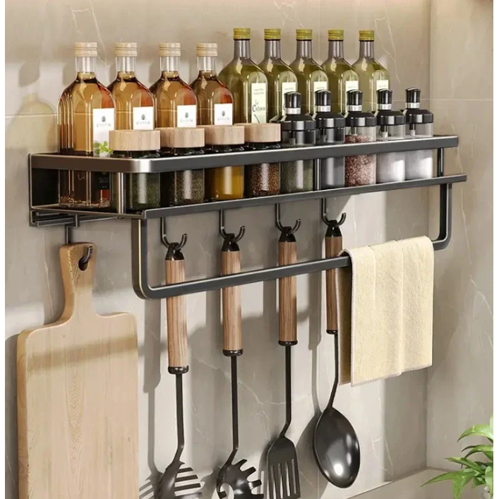 Wall-Mounted Kitchen Spice Rack Organizer with Towel Bar and Safety Guardrail - Image 2
