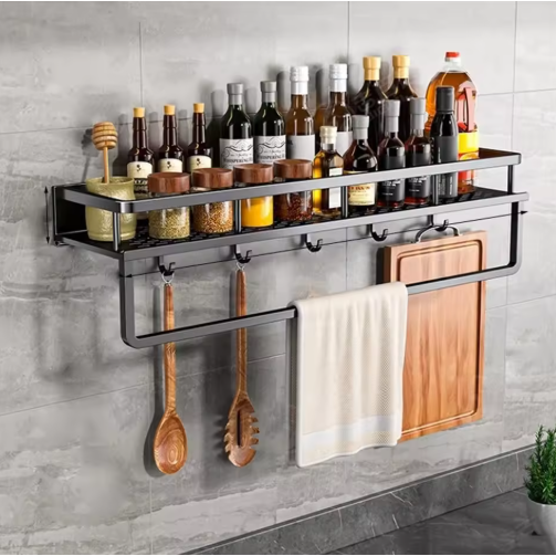 Wall-Mounted Kitchen Spice Rack Organizer with Towel Bar and Safety Guardrail - Image 3