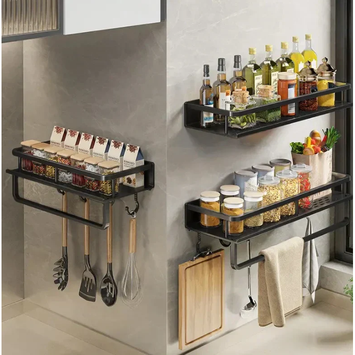 Wall-Mounted Kitchen Spice Rack Organizer with Towel Bar and Safety Guardrail - Image 4