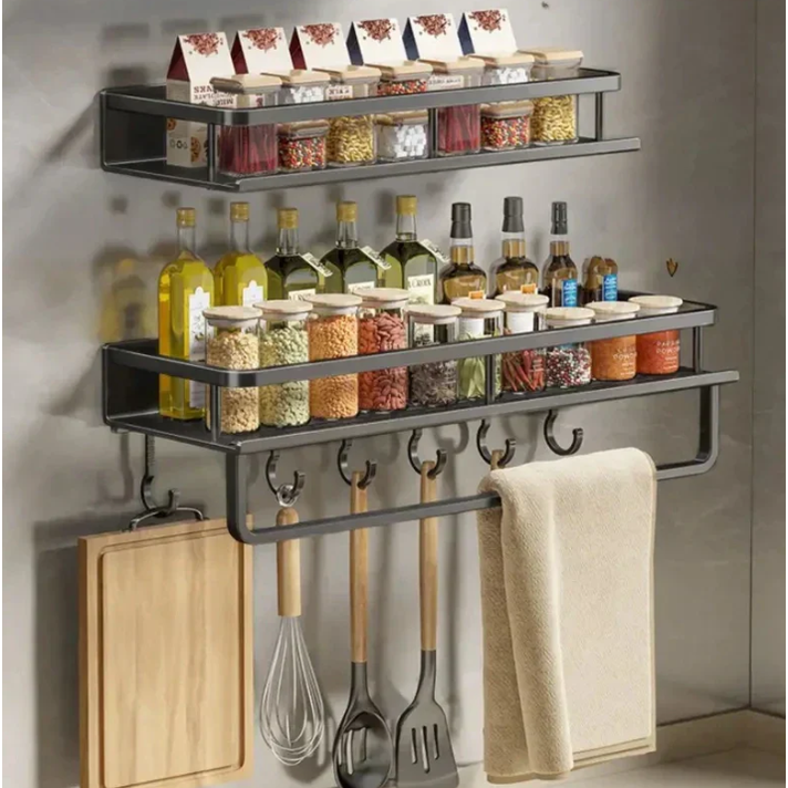 Wall-Mounted Kitchen Spice Rack Organizer with Towel Bar and Safety Guardrail - Image 5