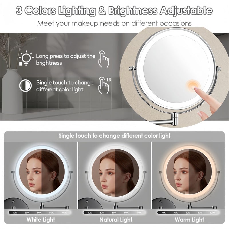Wall Mounted Vanity Mirror with LED Lights 10x Magnification and Adjustable Swing Arm - Image 3