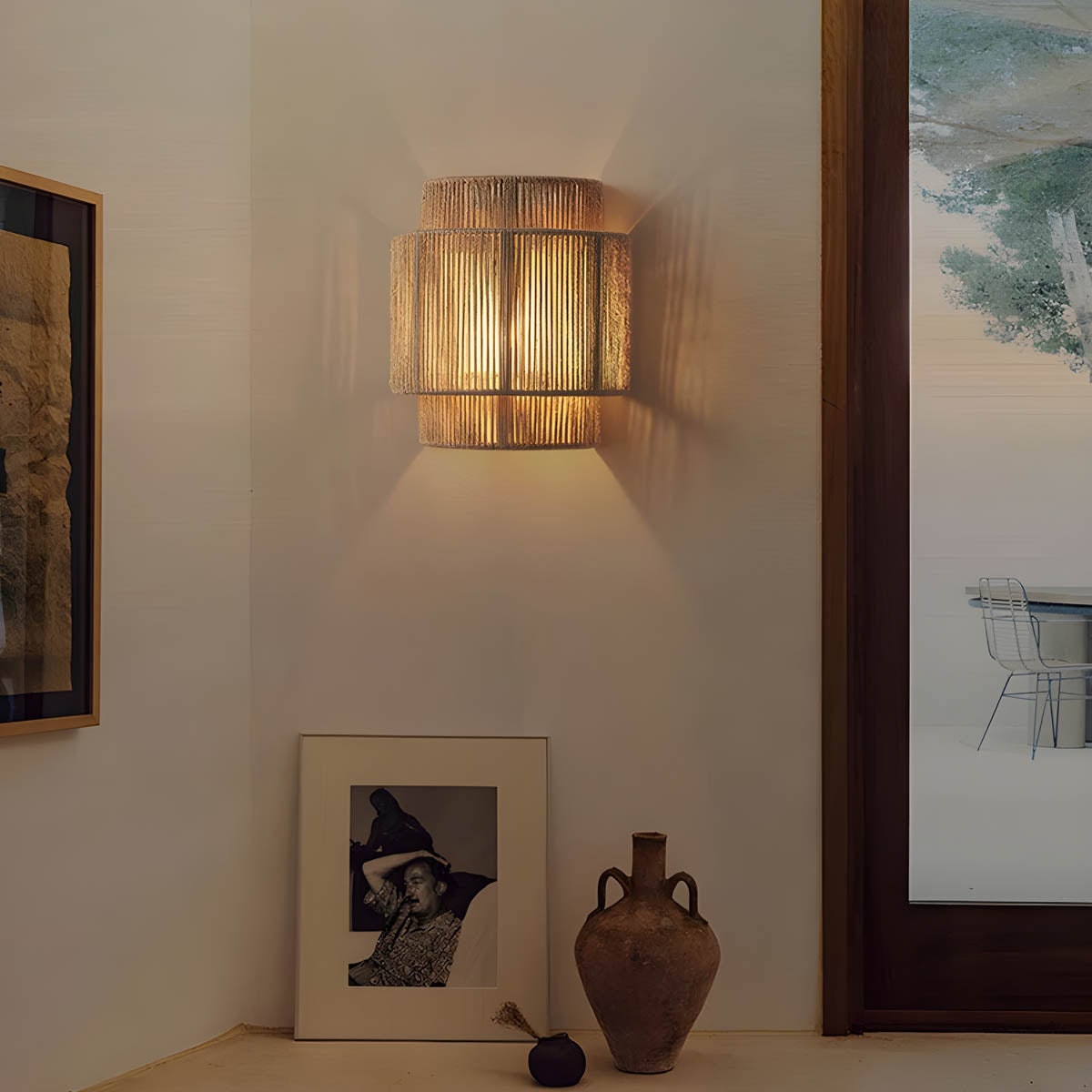 Wall Sconce Lighting with Jute Rope Tiered Shade and Vintage Boho Design - Image 1