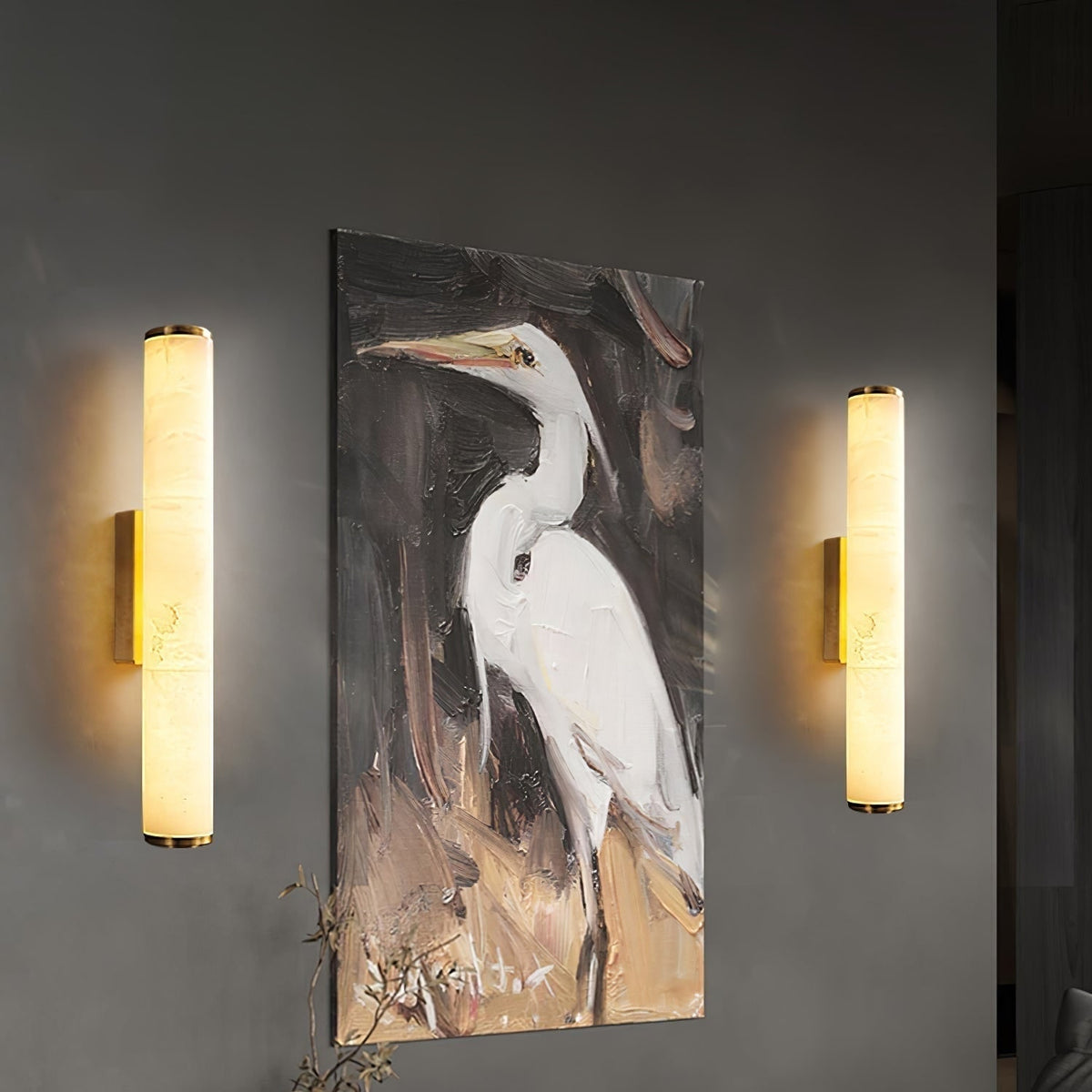Wall Sconce Lighting with Marbled Cylindrical Shade and Brass Flush Mount - Image 4