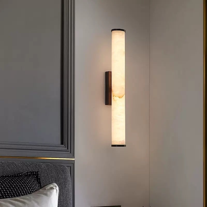 Wall Sconce Lighting with Marbled Cylindrical Shade and Brass Flush Mount - Image 8