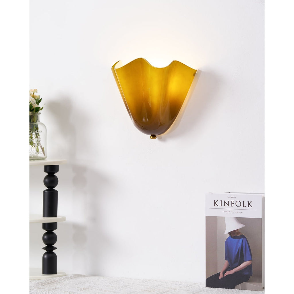Wall Sconce Lighting with Wavy Handkerchief Glass Shade and Brass Finial - Image 10