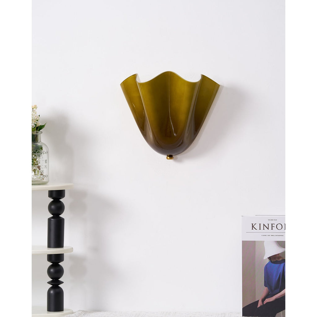 Wall Sconce Lighting with Wavy Handkerchief Glass Shade and Brass Finial - Image 11