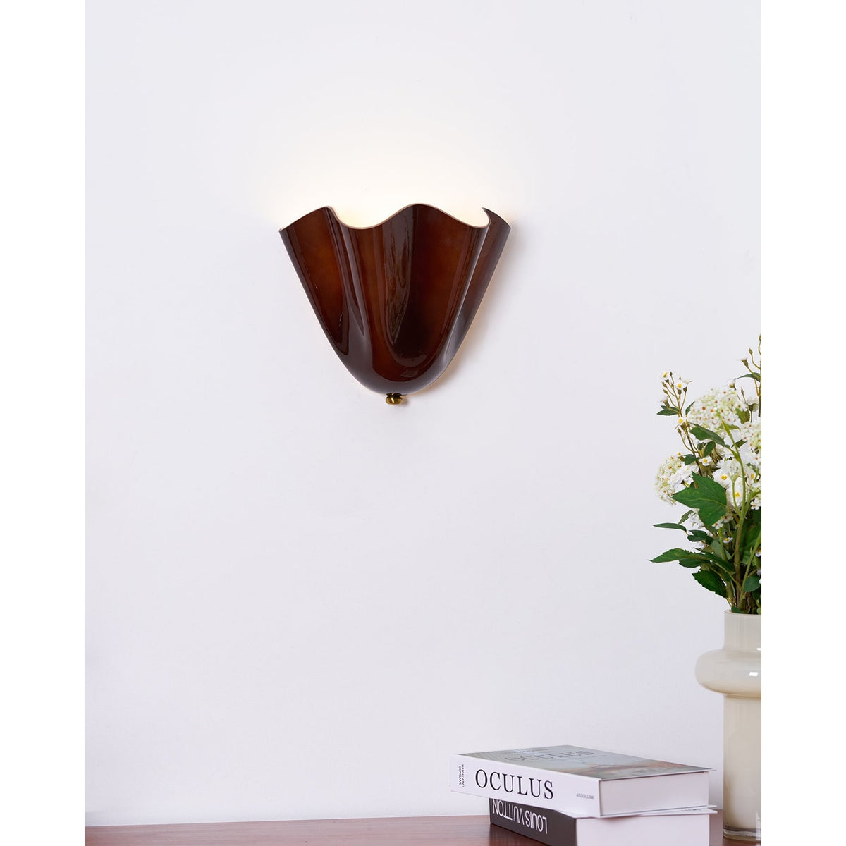Wall Sconce Lighting with Wavy Handkerchief Glass Shade and Brass Finial - Image 13