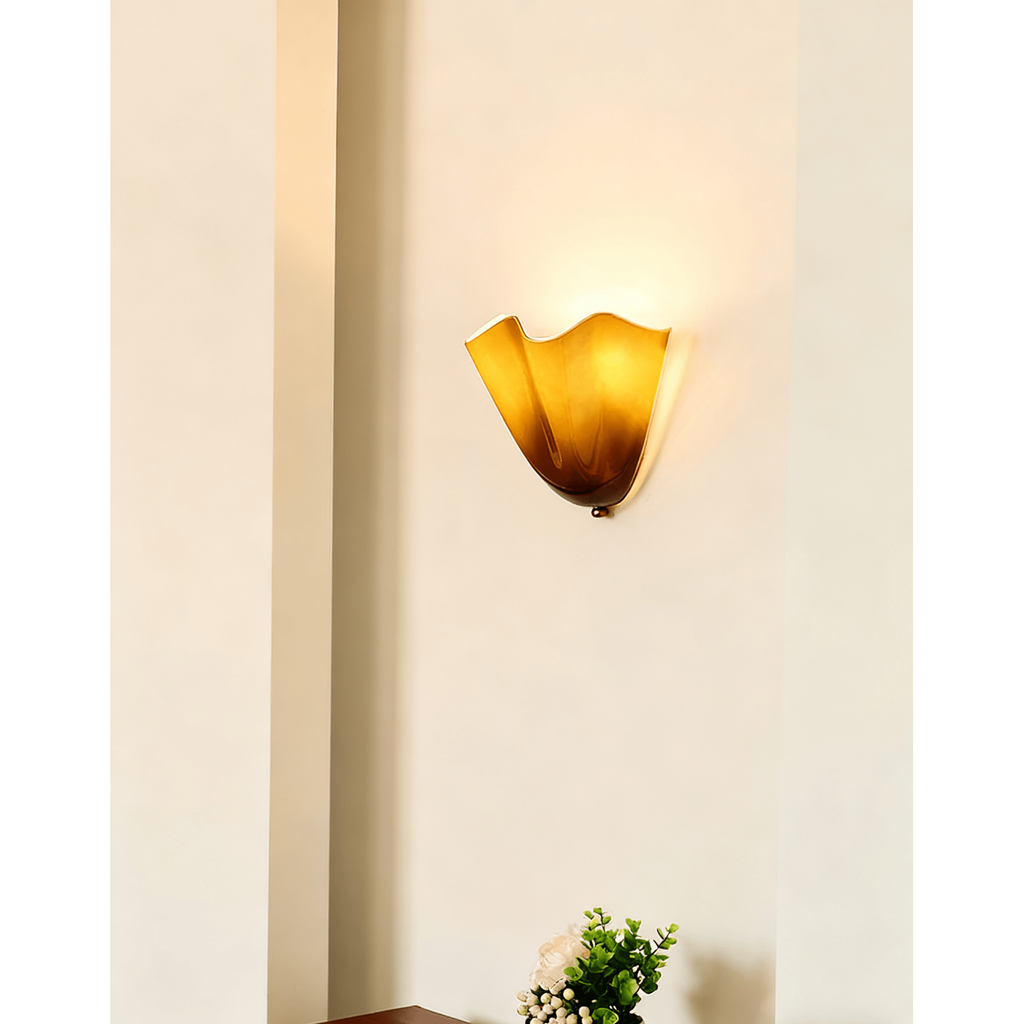 Wall Sconce Lighting with Wavy Handkerchief Glass Shade and Brass Finial - Image 2