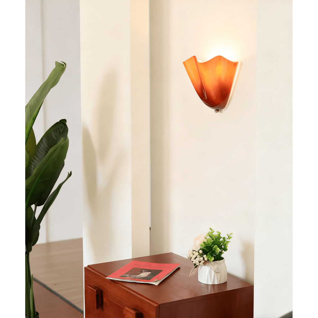 Wall Sconce Lighting with Wavy Handkerchief Glass Shade and Brass Finial - Image 4