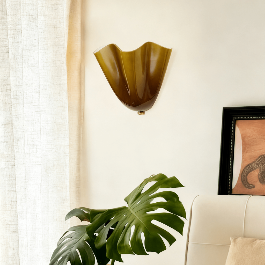 Wall Sconce Lighting with Wavy Handkerchief Glass Shade and Brass Finial - Image 5