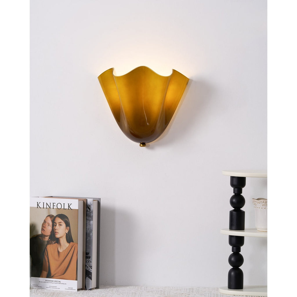 Wall Sconce Lighting with Wavy Handkerchief Glass Shade and Brass Finial - Image 9