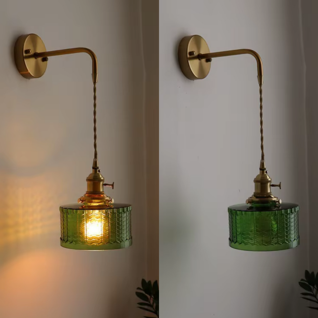 Wall Sconce with Textured Glass Shade and Brass Arm for Bedroom - Image 1