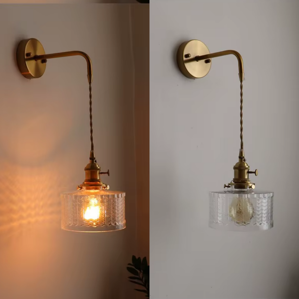 Wall Sconce with Textured Glass Shade and Brass Arm for Bedroom - Image 2