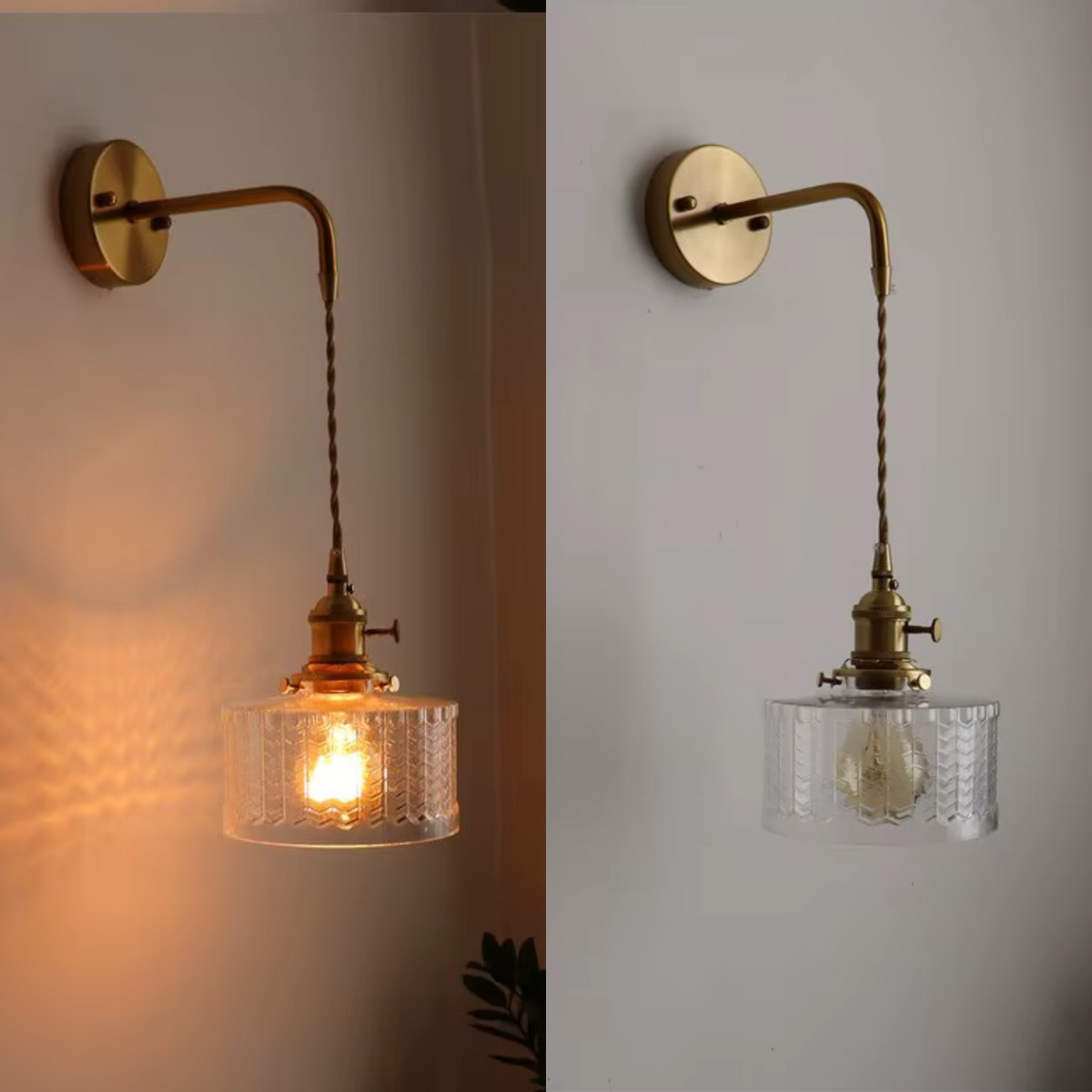 Wall Sconce with Textured Glass Shade and Brass Arm for Bedroom - Image 2