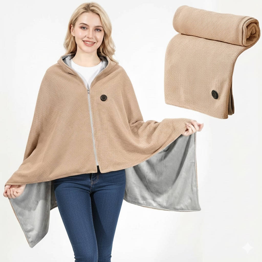 Wearable Heated Blanket with USB Power 8 Heating Zones and Hooded Shawl Design - Image 1