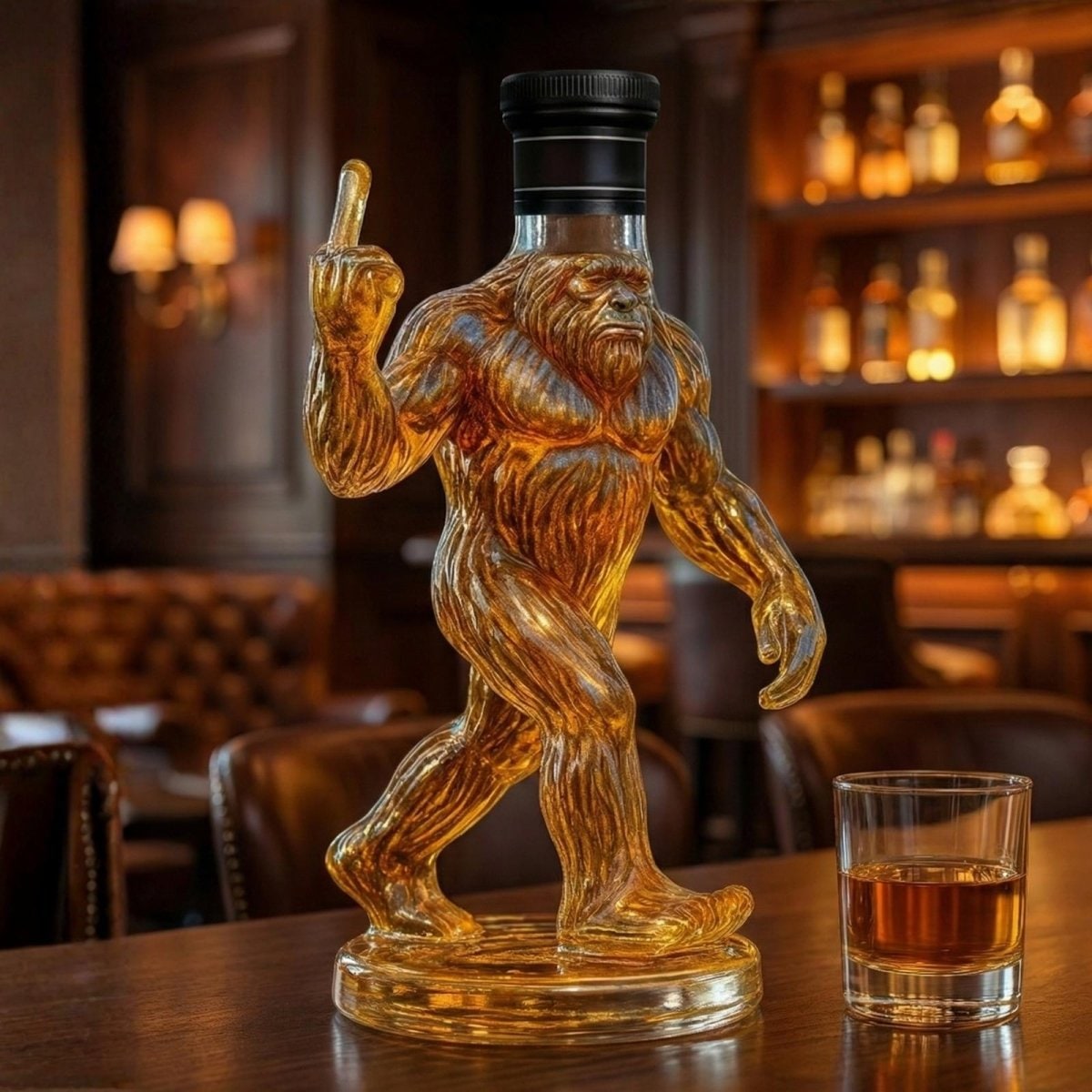 Whiskey Decanter Bigfoot Shaped Glass Bottle with Stopper and Molded Fur Texture - Image 1