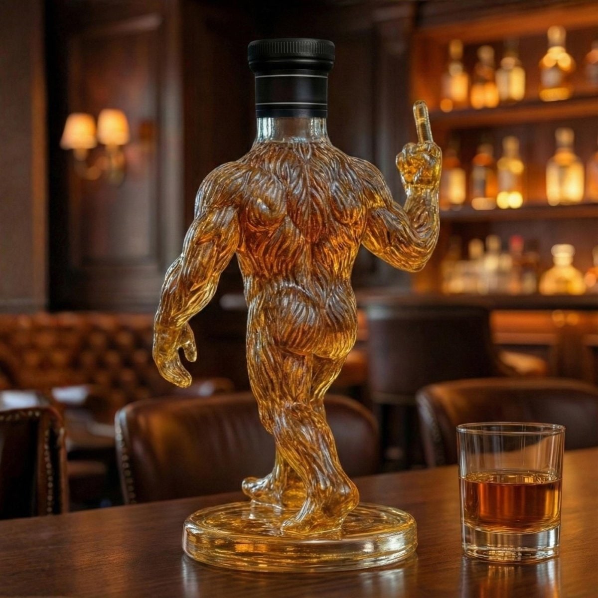 Whiskey Decanter Bigfoot Shaped Glass Bottle with Stopper and Molded Fur Texture - Image 2