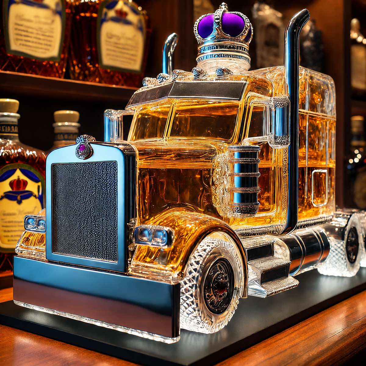 Whiskey Decanter with Semi Truck Design Chrome Accents and Removable Stopper - Image 1