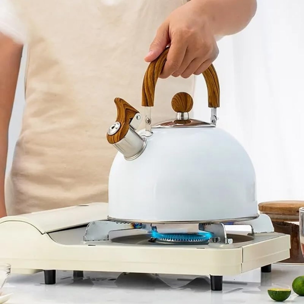 Whistling Kettle Tea with Wood-Grain Handle and Stainless Steel Stovetop Design - Image 2