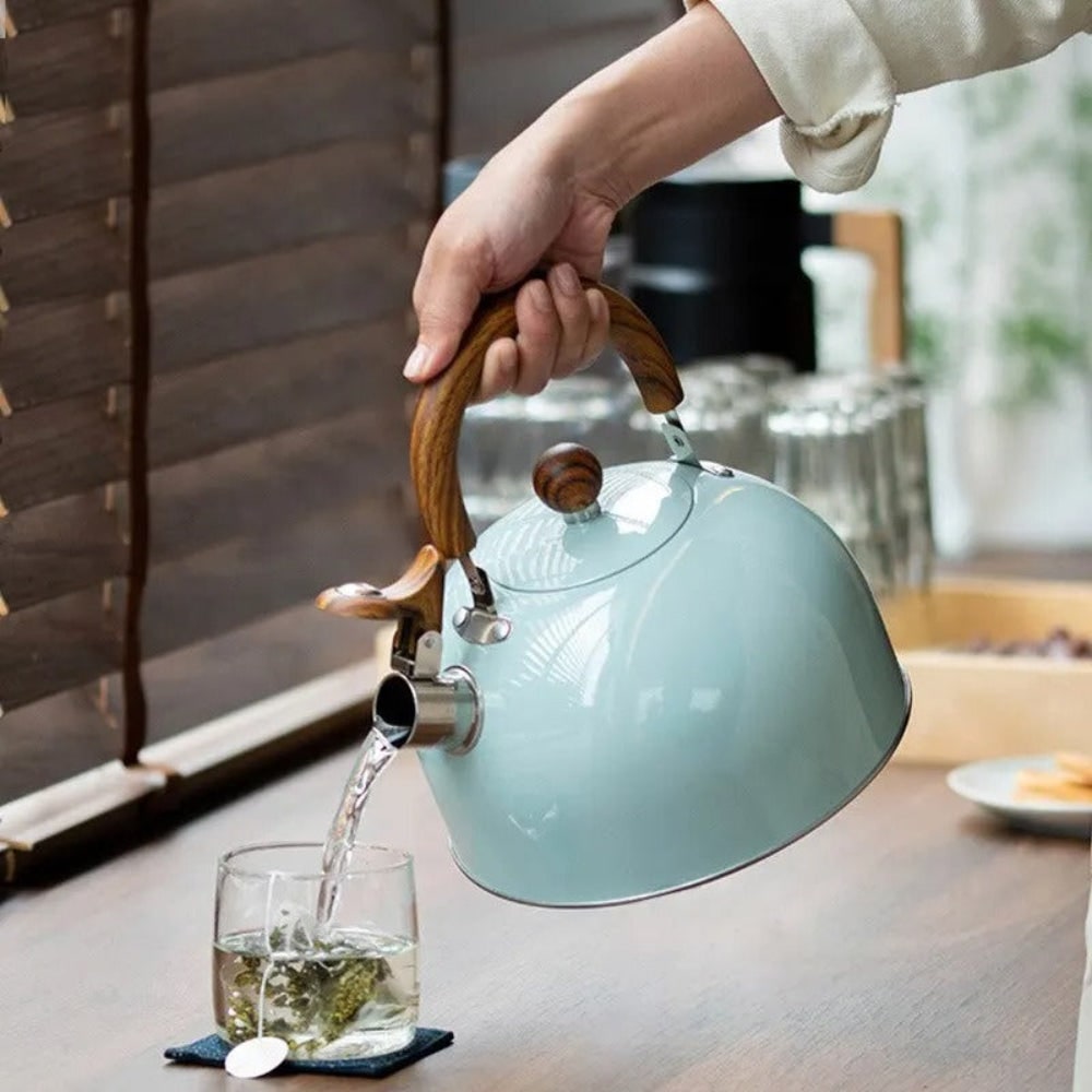 Whistling Kettle Tea with Wood-Grain Handle and Stainless Steel Stovetop Design - Image 4