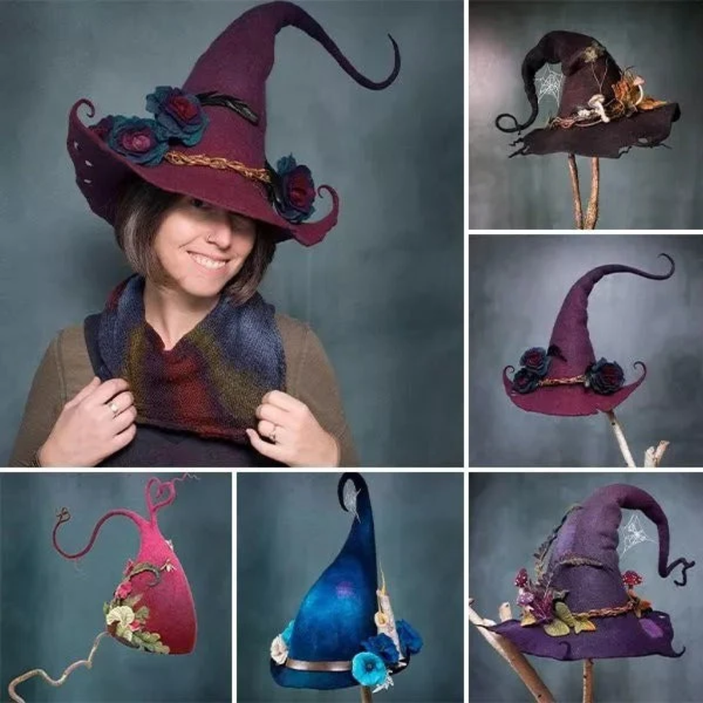 Witch Hat with Spiderweb Embroidery Felted Wool Floral and Mushroom Details - Image 5